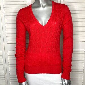 Margaret Loves Peter 100% Cashmere V-Neck Braided Knit Sweater Coral Orange M